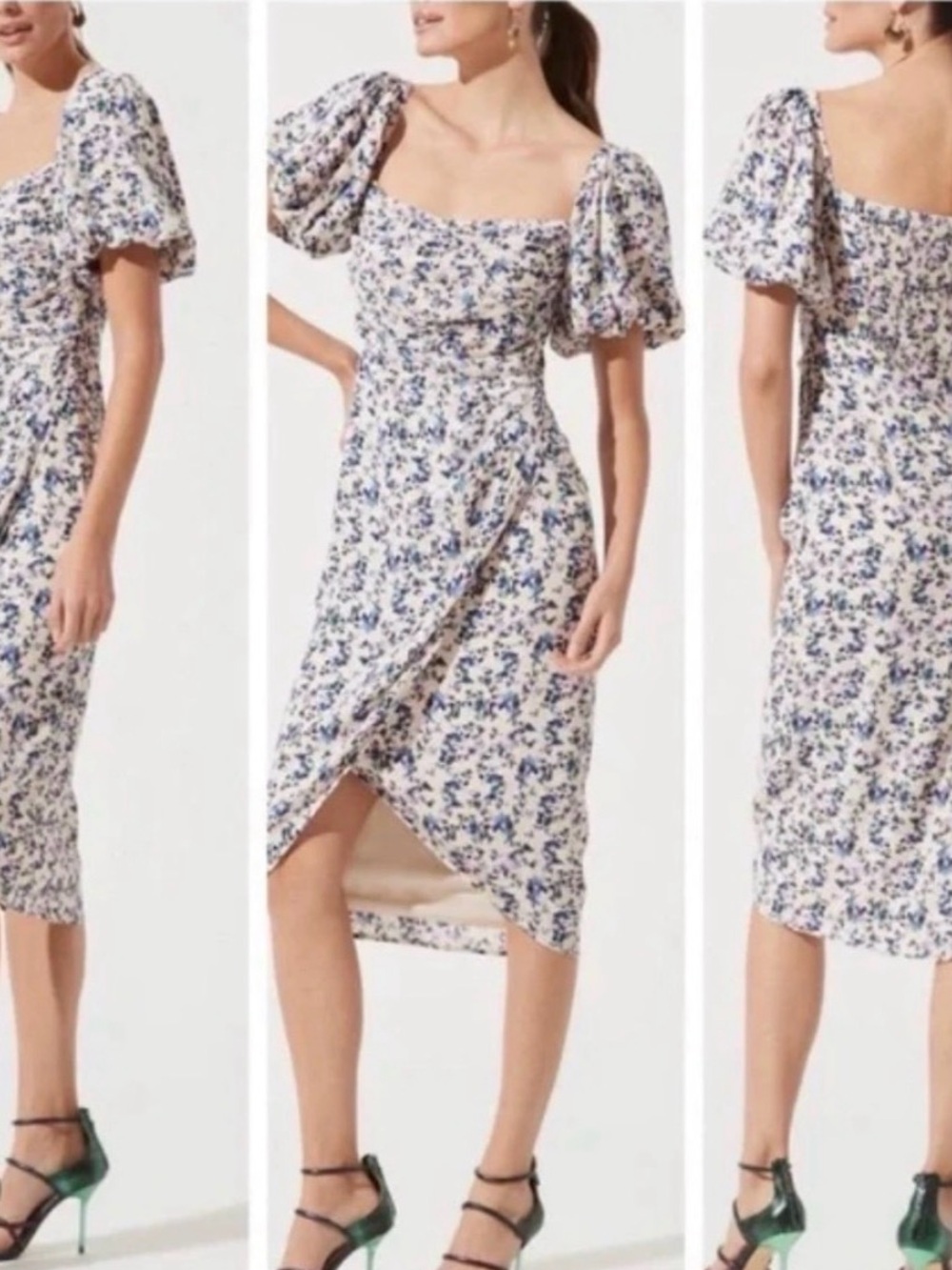 ASTR The Label Floral Puff-Sleeve Midi Dress, Cream/Lavender Ditsy Print, M, EUC